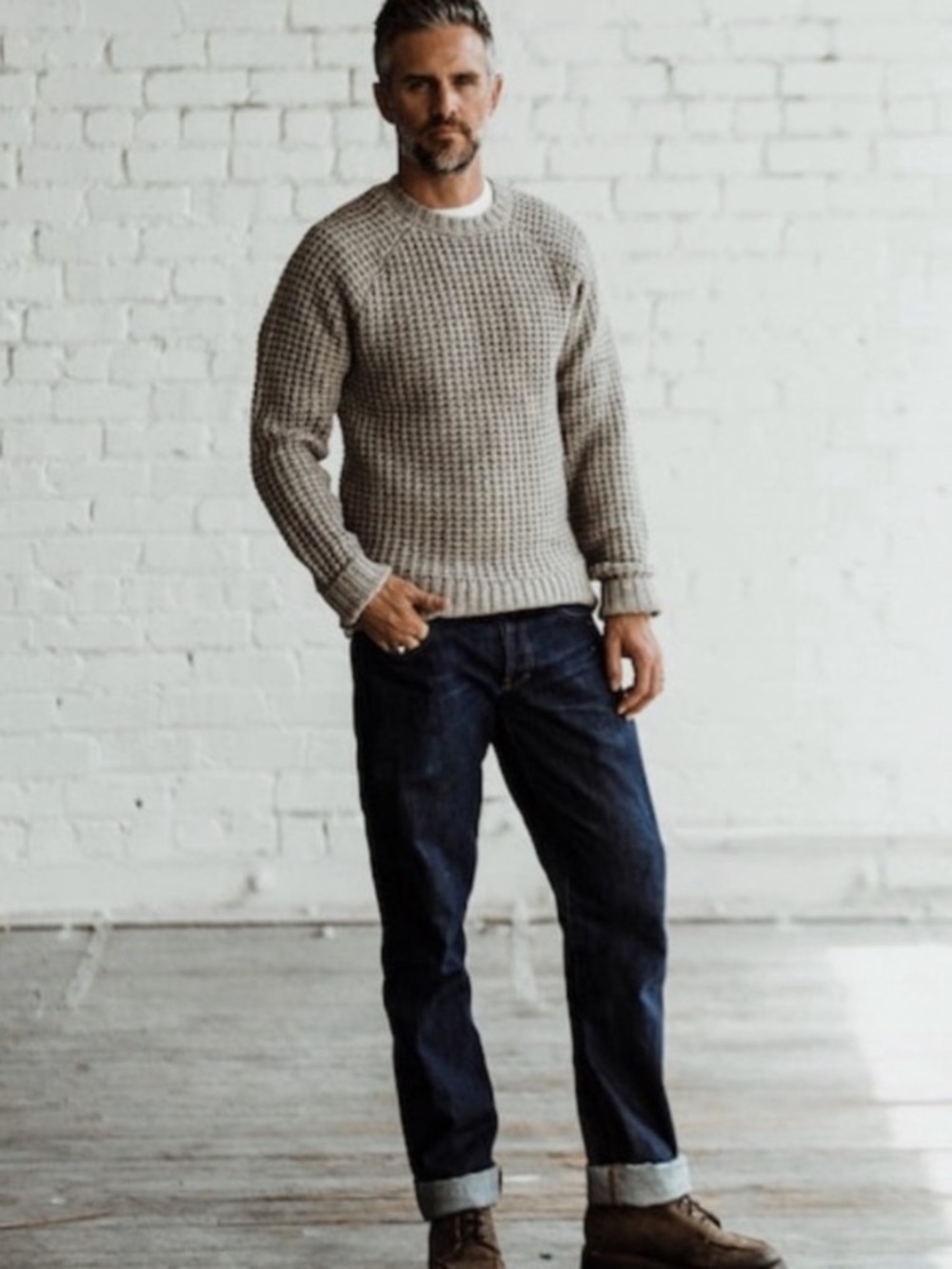 Taylor Stitch Fisherman Hardtack Waffle Crewneck Sweater in Oatmeal Size 38